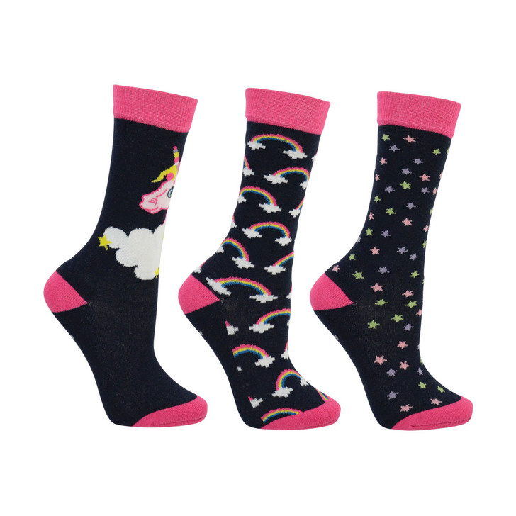 Add a touch of colourful fun to your child’s feet and keep the cold out with these Little Rider Unicorn Socks. The first sock features a galaxy of stars on a navy base, the second design is bursting with rainbows and the third sock has a large image of the Little Rider Unicorn’s head, nestled on a cloud. With antibacterial properties from the added bamboo and a padded sole, these socks ensure comfort and freshness all day long. All three sock designs feature the Little Rider logo and contrasting pink cuffs, toes and heels.