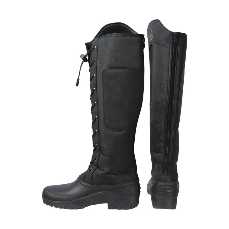 Keep your feet cosy with the new Mont Maudit Winter Boots! The waterproof foot will keep your feet dry whilst undertaking any activity, with a soft, breathable lining to keep feet feeling fresh and warm. With grey panels and black leather detailing up the leg for a fashionable finish and inner panel for added grip if worn in the saddle. The elasticated lace fronts allow for full adjustability for a variety of calf sizes, with a rear zip for ease of putting on. Finished with a robust and durable grip sole for use on any terrain.