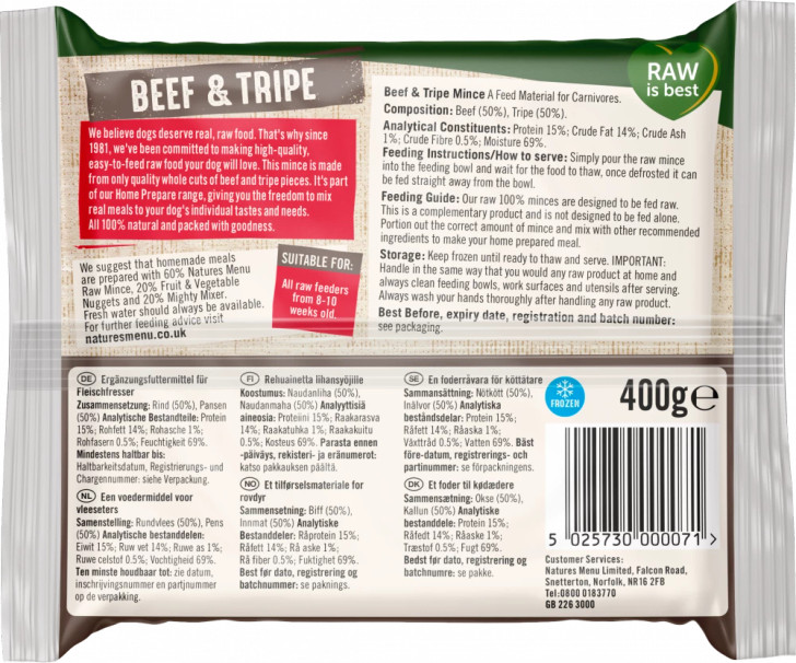 Tender and tasty minced beef and tripe, conveniently packed in single serving packs for hassle-free preparation. Bone Free.