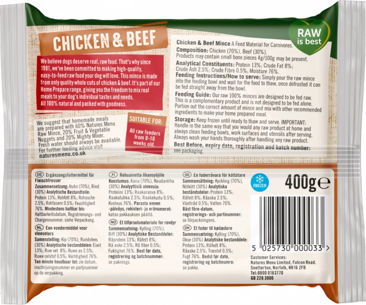 A tasty combo of minced chicken and beef, blended into no-fuss single serve portions. Includes minced raw bone for added nutrition.