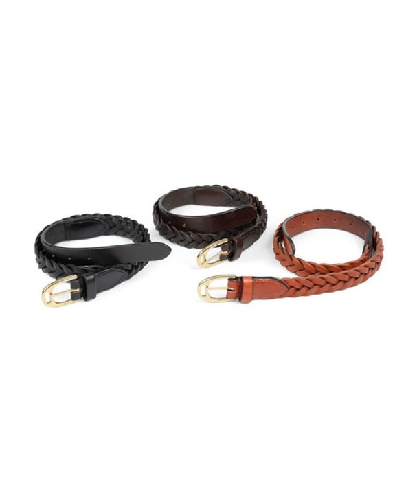 Plaited leather belts for distinctive style with an elegant twist.

Finished with a brass stirrup buckle.

Width: 25mm. Belts are measured from end of buckle to middle hole.