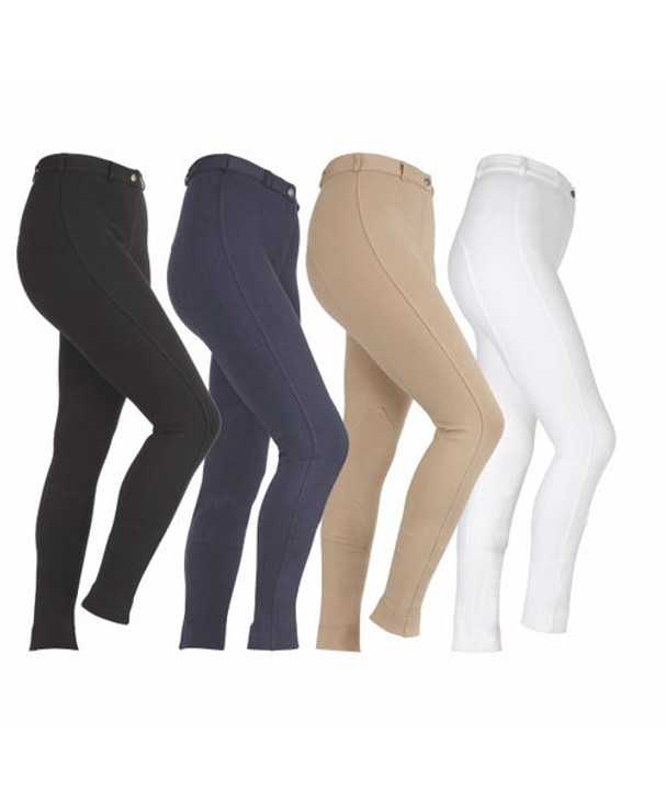 Knitted cotton CreoraÂ® 4-way stretch fabric for excellent shape retention makes these comfortable jodhpurs great for everyday riding. Featuring self-fabric knee patches, belt loops and inner hip pocket.