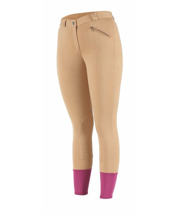 Comfortable breeches in stretch cotton with an elasticated lower leg cuff for comfort inside boots. Contour seat, self-fabric knee patches, belt loops and zip hip pocket.