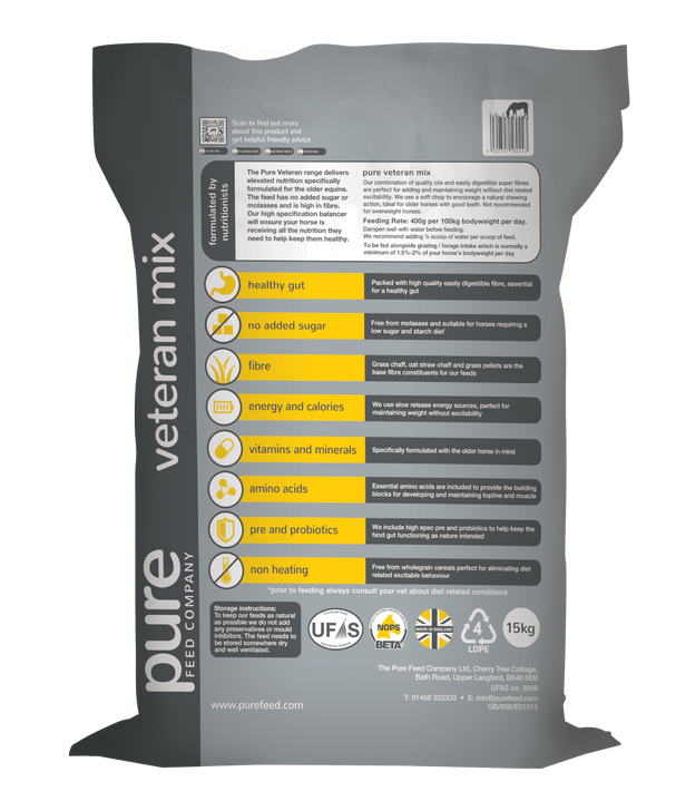 Pure Veteran Mix contains elevated levels of minerals and vitamins and a soft chop for easy chewing. It has been designed specifically for older horses who have a higher need for vitamins and minerals. With quality protein and extra slow-release calories, it helps senior horses who are still in regular work or require extra assistance maintaining condition. Like our other feeds, Pure Veteran Mix is great value because the balancer is also included.
