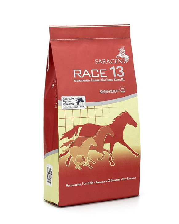 Race 13® is the most internationally available racing feed, offered in 25 countries. The choice of the world’s leading trainers, Race 13 is the benchmark for equine racing performance nutrition.

Race 13 is a high energy sweetfeed, formulated to maintain the equine athlete with a physical as well as a mental edge during the rigours of a strenuous racing campaign. It is designed for horses in full work, and racing. It will ‘harden’ a horse in training and maintain racefit condition. It is particularly effective for sprinters and flat bred hurdlers. It works especially well on horses with a more compact body type.

Race 13 is essentially formulated to make the best use of the horse’s natural athletic ability. The feed is designed to maintain a competitive advantage by using a variety of different energy sources to match a racehorse’s energy requirements. These come in the form of fat, carbohydrate and ‘super fibres’, in a highly palatable formulation, that allows the muscle a mixture of energy sources to draw from. It contains a blend of premium cereal grains, sugar beet pulp and soya oil, and is fortified with Saracen’s Stamm 30® supplement for nutrient continuity.