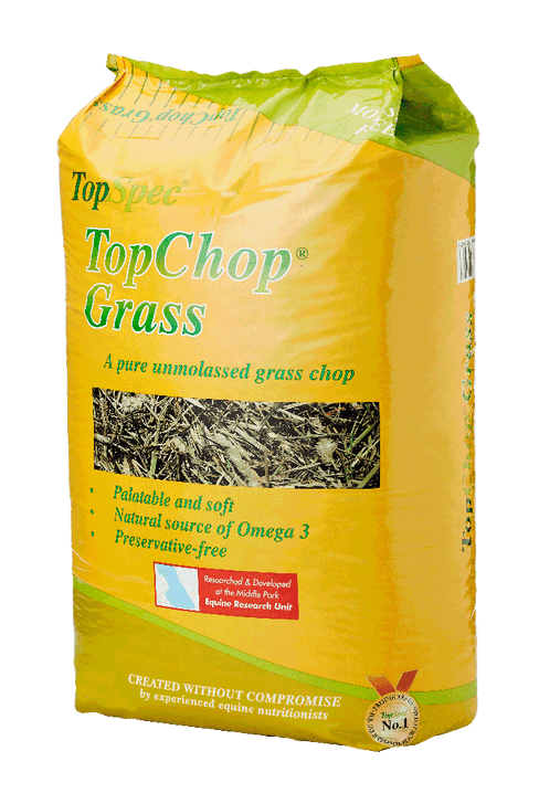 TopChop Grass is a soft and natural product made from a blend of specially selected, dried British grasses with a light dressing of cold-pressed linseed oil. TopChop Grass contains no added molasses or any other sugar coating.


The formula for TopChop Grass was tested and developed at the Middle Park Equine Research Centre and has been approved by the nutritional team as suitable for all horses and ponies other than those prone to laminitis and that need to lose weight (TopSpec nutritionists recommend that either TopChop Lite or TopChop Zero is used for horses and ponies in these circumstances).

It is ideal for horses and ponies needing a soft, very palatable chop, perfect for fussy feeders including fit performance horses and elderly horses. TopChop Grass can be used as a hay replacer, especially for elderly horses struggling to maintain condition as a result of poor dentition reducing their ability to chew hay/haylage.