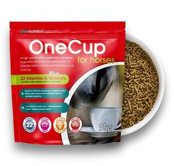 A high specification supplement designed to provide 22 essential daily vitamins and minerals in just OneCup.

Provides 22 essential daily vitamins and minerals, ideal for "good doers" who require less traditional feed to maintain condition.
Complements all chaffs, forages and basic feeds.
Consistency in every cup.
Manufactured to Universal Feed Assurance Scheme (UFAS) standards as palatable, easy-to-feed 3mm pellets.