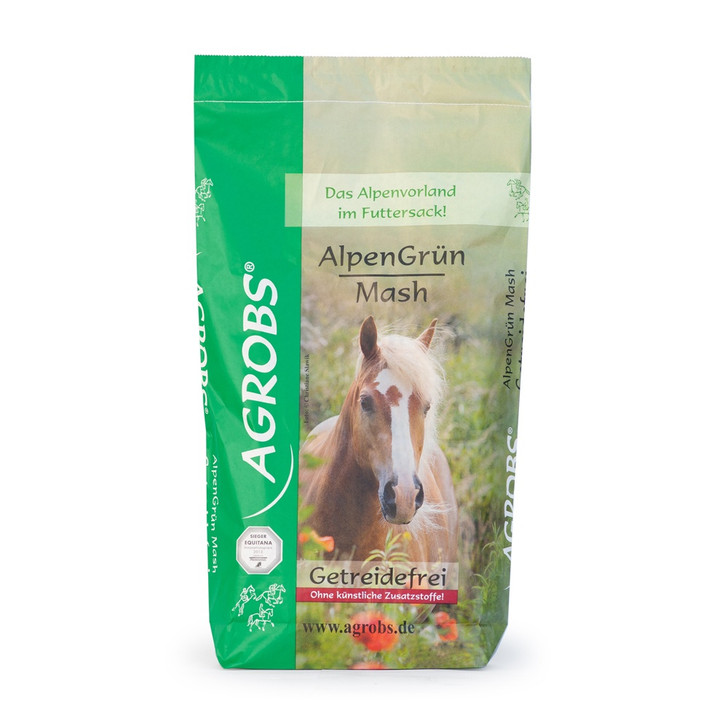 Horse owners will find a wide range of mash products on the market in addition to conventional horse feeds. All of these are similar in that they contain bran and are not suitable as a daily feed. AGROBS now has an entirely new form of mash with a unique composition.
AlpenGrün Mash contains Prenatura fibres which largely consist of the leaves and seeds of grasses and herbs that have been dried with warm air. These are high in natural vital substances including trace elements, vitamins, and secondary plant substances. Prenatura fibres also provide your horse with important highly digestible crude fibre with prebiotic properties to actively promotes gut health and the growth of beneficial gut bacteria. This reduces putrefactive and gas-forming bacteria in the large intestine.

Linseed and psyllium provide mucilages which coat the mucosa in the stomach and gut with a protective film. This helps to maintain healthy, intact mucosa as well as assists in the regeneration of mucosa irritated by illness, medication, deworming treatment, or stress. Its unsaturated fatty acids also promote a healthy skin and coat.

ALPENGRÜN MASH contains gently dried beetroot, carrot, apple, and parsnip for a delicious taste. Even finicky horses are happy to eat it without added molasses. ALPENGRÜN MASH also contains natural vital substances including secondary plant substances, vitamins, minerals, and highly digestible pectins for healthy gut flora. Dried rose hip peel is known for its vitamin C, an important immune system booster. ALPENGRÜN MASH also contains digestion-promoting fennel and caraway.

With no cereals, bran or molasses, ALPENGRÜN MASH is also ideal for horses with sensitive metabolisms and can be used both as a daily feed or as a regimen after a bout of colic or during moulting!

Contains no cereals or bran
High in crude fibre
Promotes healthy digestion
Prebiotic
High in digestion-promoting mucilages
High in vital substances
Great taste
No molasses
Optimum Ca:P ratio of 2:1
Easy and quick to prepare
Cost-effective thanks to high yield