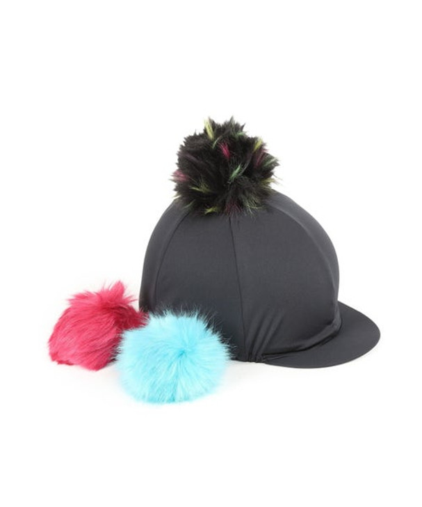 Keep your wardrobe coordinated by swapping the pom poms. Stretch hat cover with detachable faux fur pom poms and stiffened peak.