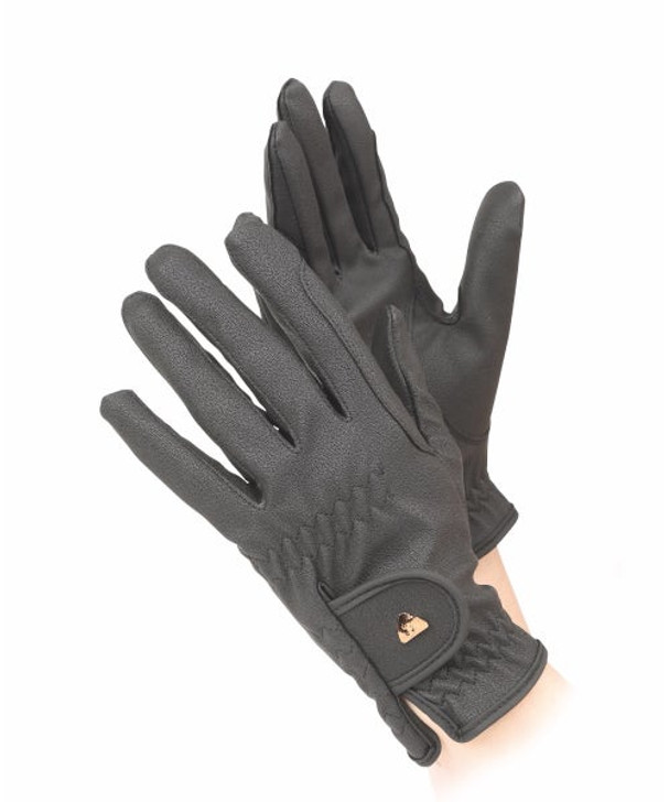 Non-slip synthetic leather makes these riding gloves a great looking essential. Light stretch for a comfortable fit, gusseted wrist openings with touch close fastenings, reinforced riding grips.