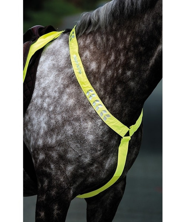 The EQUI-FLECTORÂ® breastplate features high visibility fabrics and reflective detailing to help keep you and your horse visible in low light or on the road. Secured via the adjustable neck strap and through the girth loop. Part of the EQUI-FLECTORÂ® range of bright, reflective garments for horse and rider.