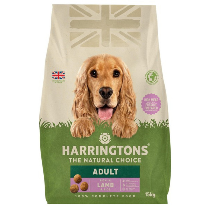 Harringtons Rich in Lamb & Rice is a complete dry dog food that can be fed to all dogs from 8 weeks onwards.

It has been carefully formulated using all natural ingredients to provide wholesome nutrition.The recipe contains no artificial colours or flavours, no dairy, no soya and no added wheat. 

Harringtons provides the conventional benefits associated with premium foods.

Proudly made in the UK.