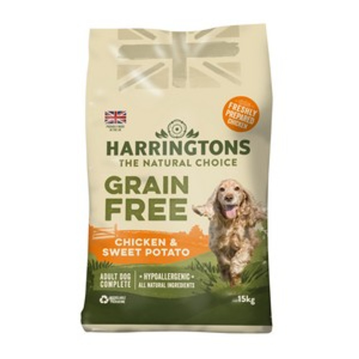 Harringtons Grain Free Chicken & Sweet Potato is a complete pet food that can be fed to all dogs from 8 weeks onwards.

It has been carefully formulated with all natural ingredients to provide wholesome nutrition and contains no artificial colours or flavours, no dairy, no soya and no added wheat.

Harringtons provides the conventional benefits associated with premium pet foods. 

Proudly made in the UK.