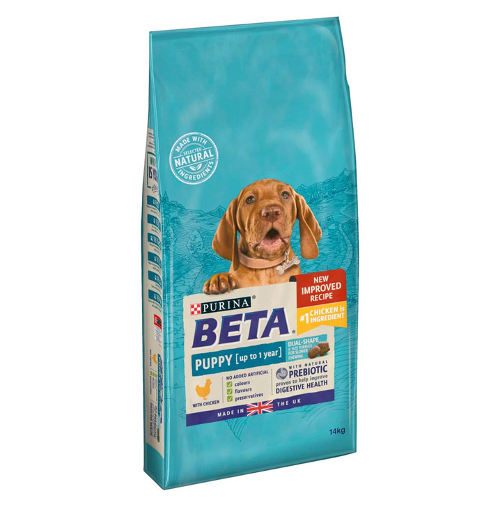 Purina BETA tailored nutrition for puppies includes antioxidants to support natural defences, and DHA that’s essential for growing puppies. It is also formulated with selected natural ingredients and natural prebiotics to support digestive health, to help make sure your puppy is ready to explore the world every day. And we do all this without including any added artificial colours, flavours or preservatives.