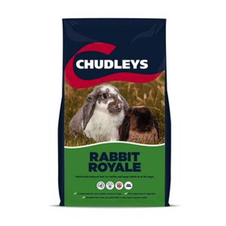 Chudleys Rabbit Royale is a complete muesli, ideal for growing & adult rabbits with a tasty wholesome mix of pellets, cereals & forage as well as added herbs & vegetables for an appetising aroma.

Chudleys Rabbit Royale contains good levels of beneficial fibre (32%) and prebiotics to help support digestive health. Always feed in addition to clean, dust free long fibre such as hay to a happy healthy rabbit.