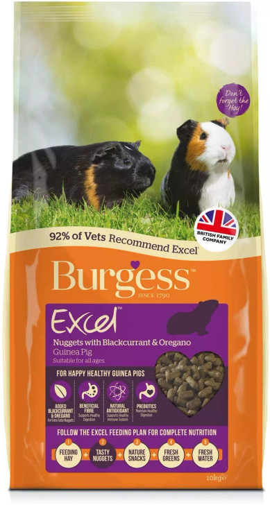 Burgess Excel Tasty Nuggets for Guinea Pigs with Blackcurrant and Oregano is a delicious, complementary food for guinea pigs with added blackcurrant and oregano for extra taste and additional health benefits.

High in fibre, Vitamin C and rich in nutrients to keep them healthy and happy.

Guinea Pigs are Fibrevores and require a blend of the two key fibres in order to maintain a healthy digestive system:

Digestible Fibre - the essential source of nutrients to keep your guinea pig happy and healthy;
Indigestible Fibre - helps keeps the digestive system moving and aids to grind down teeth.

The correct ratio of these two types of fibre called Beneficial Fibre is vital for:

Digestive Health - ensures the digestive system is healthy and working;
Dental Health - keeps teeth worn down at right size and shape;
Emotional Health - encourages natural behaviour, prevents boredom and helps bonding.

Burgess Excel Tasty Nuggets for Guinea Pigs with Blackcurrant and Oregano is blended into a tasty nugget, nugget foods help prevent selective feeding by removing the ability for your guinea pig to only eat the parts of a traditional muesli mix it likes, ensuring it receives the full benefit of its feed.