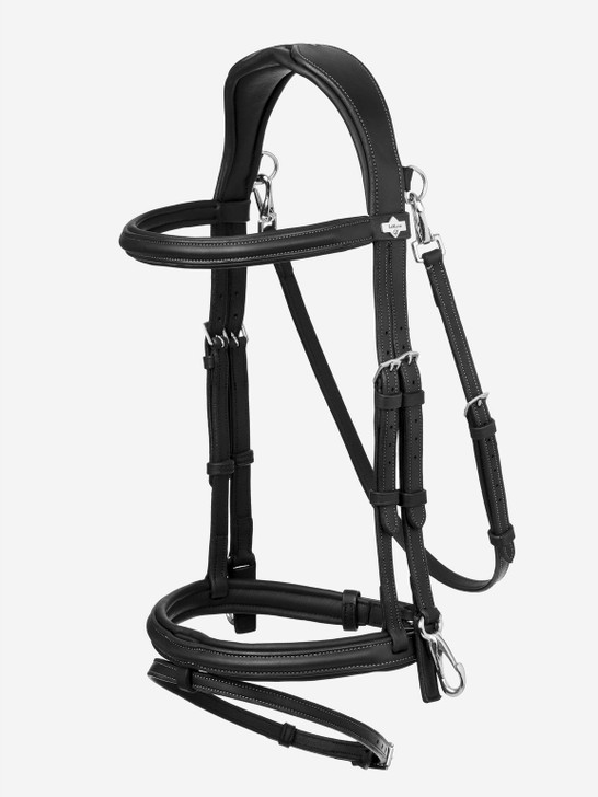 The LeMieux Work Bridle is both stylish and practical with a removable-flash on the raised padded noseband, ideal for everyday use.

The clip on the cheekpieces allow the bit to be changed quickly and easily, along with the throat lash clipping onto D-rings on the headpiece making it fully detachable.

The LeMieux Bridles are made from beautifully soft European leather and feature an anatomically shaped headpiece with soft padded cut away around the ears and poll to aid in the distribution of pressure, maximising comfort.