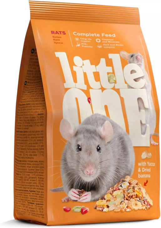 Feed for rats with 19 tasty ingredients most loved by rats, including seeds and grains, various puffed in gredients and flakes, multigrain pel lets, carob and tasty dried banana.