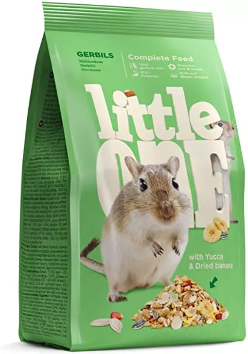 Feed for gerbils with 24 tasty and most favorite ingredients including grains and seeds, multigrain pellets, various puffed ingredients and flakes, peanuts and dried banana.