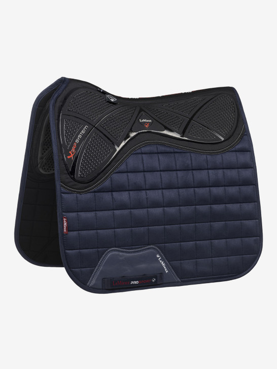 The Twin Sided X-Grip Dressage square combines the stylish, iconic LeMieux cut with the new X-Grip silicone & bespoke Acavallo Gel mould to provide the maximum saddle stability, shock absorbency and grip of any saddle pad! The unique 3 layer design combines the X-Grip silicone top side, Blast foam core & Acavallo gel underside to create one low profile highly effective pad. The lower density memory foam under the X-Grip silicone aids saddles to bed down and stabilise whist the bespoke X-Grip Acavallo gel underside has the same low profile, non-slip credentials as all Acavallo products. This twin sided technology makes this the most elite product in the LeMieux stable.
 

Designed to fit a wide range of dressage saddles with its cut back high wither & signature girth protection area, with multiple girthing options. The luxurious suede top side is complimented by a new super soft Bamboo lining to absorb & control sweat under the saddle and are beautifully comfortable and secure - minimising friction.