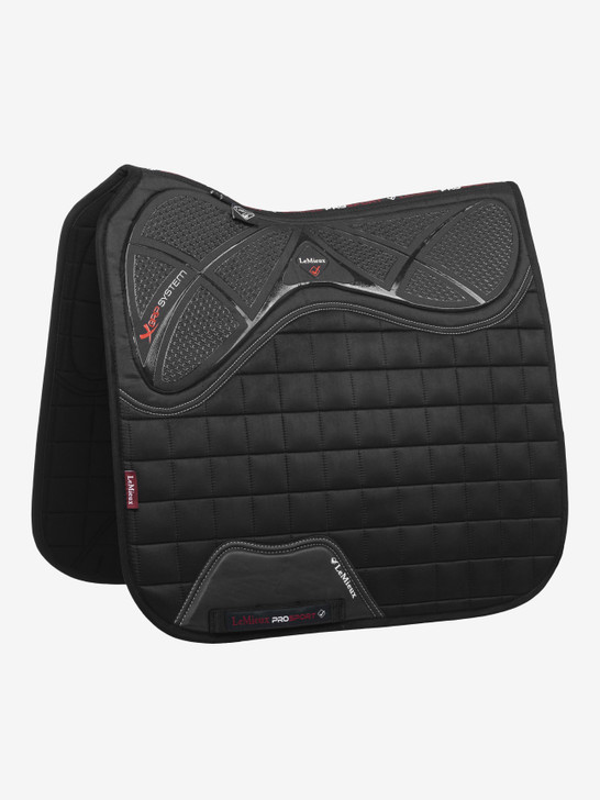 The X-Grip Dressage square combines the stylish, iconic LeMieux cut with the new X-Grip silicone design to ensure saddle stability and grip. The Memory Foam under the saddle area aids with comfort and shock absorbency. The unique blast foam core has been through a process where hot air is forced through the memory foam under pressure to create the extremely breathable yet supportive and lightweight perforated material.


Designed to fit a wide range of dressage saddles with its cut back high wither & signature girth protection area, with multiple girthing options. The luxurious suede top side is complimented by a new super soft Bamboo lining to absorb & control sweat under the saddle and are beautifully comfortable and secure - minimising friction.