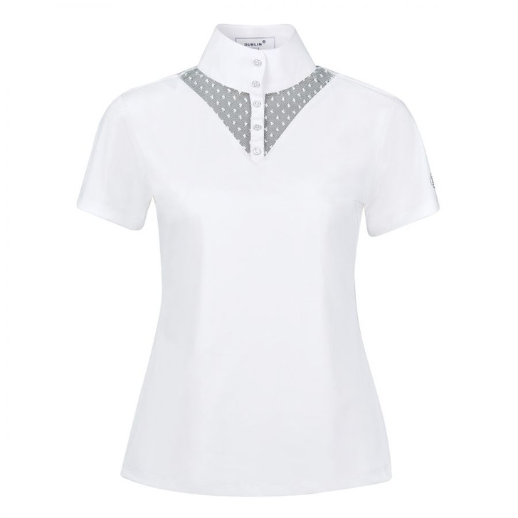 A slim fit show shirt made from a breathable and comfortable polyamide fabric with stylish lace bib and back panel, featuring rhinestone studded snaps on the placket. Stand up collar with stock tie loop.