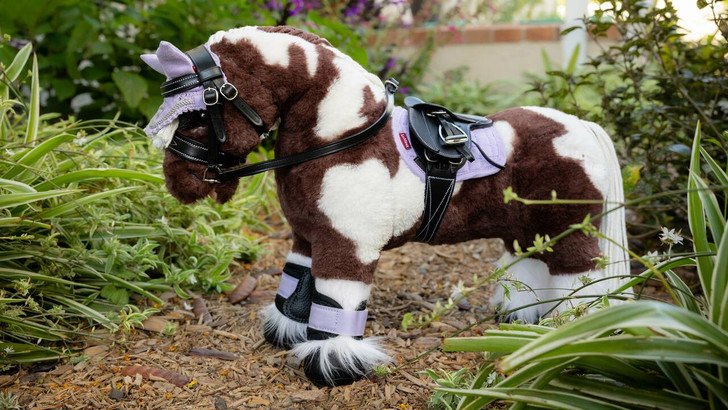 Dazzle is a gorgeous brown and white skewbald pony with fluffy feathers and a plaitable mane and tail. His coat is super soft – perfect for brushing and looking after.


He stands securely on all four legs and is flexible, making him safe for young children (3 years +) to play with.


Dazzle comes in his own posh horse box that turns inside out to become a luxury stable!


Of course, additional matching accessories are available for Dazzle in your favourite colours including saddle pads, fly hoods and polo bandages as well as fully working saddles and bridles in real leather, making these toys not only great fun to play with, but educational too!


Every pony is individually hand made, varying slightly in size and shape, and comes with its own passport and instructive care booklet. Does not include accessories, these are sold separately.


Suitable for ages 3 years +