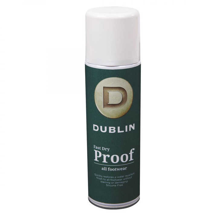 The Dublin Fast Dry Proof Spray quickly restores a water repellent finish to all footwear without staining or damaging