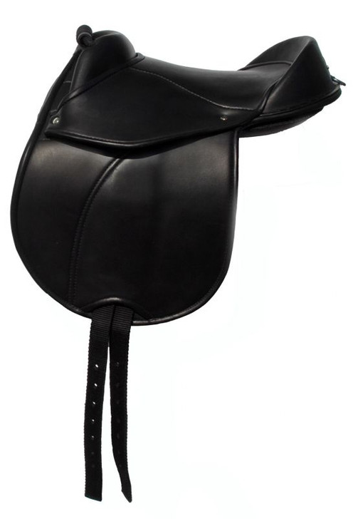 This Child's synthetic cub saddle is designed to help put the young rider in the correct position and help them feel confident in the saddle whilst being super light making it an excellent first saddle. It features a moulded handle at pommel for security, crupper D-ring, mono flap design with long girth straps below leg flap for close contact, stainless steel stirrup bars and touch tape pads underside for width adjustment.