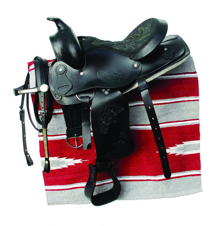 This western saddle has a suede seat with stitching detail and cinch. The leather western bridle has a silver plate design. Set is complete with leather western saddle, leather western bridle, cinch and western saddle pad.
Approximate seat sizes (measured in a straight line in the centre of the seat from the edge of the horn to back of seat.)
