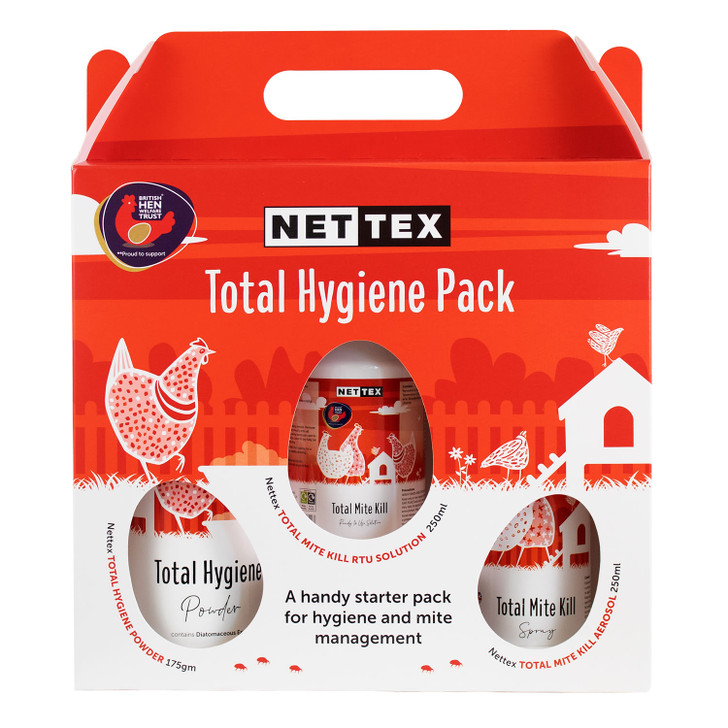 A handy starter pack for poultry keepers containing three products that when used together form an effective hygiene and mite regime. Includes Total Mite Kill Ready to use Spray, Total Hygiene Powder, and Total Mite Kill Aerosol. Now comes in recyclable packaging.