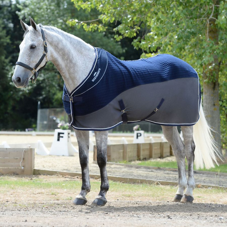 The WeatherBeeta Thermo-Air Cooler Standard Neck is a versatile cooler that has an ultra-soft hand feel and stylish design. The upper multi-layer fabric offers excellent wicking properties keeping your horse dry and comfortable. The mesh on the lower portion offers ultimate breathability and airflow during warmer months. Lightweight but warm making it ideal for travelling or after exercise. Featuring a single adjustable front surcingle closure with touch tape, low cross surcingles and tail cord.