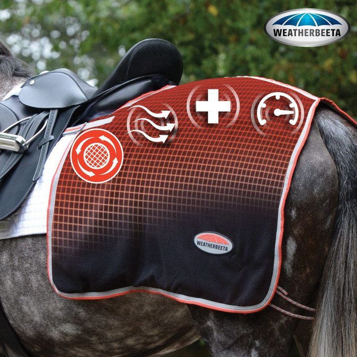 The WeatherBeeta Therapy-Tec Fleece Quarter Sheet is designed to just cover the horse's quarters and finish behind the saddle so not to interfere with the rider's leg. Features include ceramic fabric technology to reflect the horse's own body heat; touch tape strap that attaches to the girth straps on the saddle, making this easy to remove at home or competitions. Therapy-Tec increases your horse╔s muscle function to reduce the risk of injury while warming up, by preparing the muscles for exercise and assists in recovery after work by reducing lactic acid build up which can decrease recovery time & improves the healing process of prior injuries.