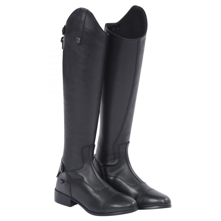 The smart looking Dublin Arderin Tall Dress Boots are made from a stretch PU and leather upper that moulds to the rider┬s leg for a comfortable and slim fit. The high Spanish cut top line and contoured ankle offers an elegant look. This tall boot features a breathable mesh lining and RCS footbed providing moisture wicking for rider comfort with a rubber outer sole for grip and endurance when on your feet. Full length rear YKK zip for easy on/off with snap closure at the top to secure the zip and spur rests for added detail. Stitched detail at the front of the ankle and toe cap for a finished look. Available in Childs and Adults sizes.