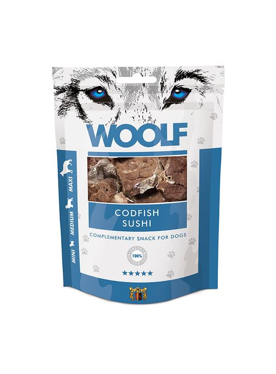 Monoprotein snack for dogs, Codfish Sushi.

These Codfish Sushi Snacks are made of 100% protein sources to provide the highest quality and the best nutritional intake. The Woolf snack, once cooked, is packed without any chemical additives, preservatives or colourings. To ensure the conservation, an oxygen absorber is placed within the bag. The pack is fitted with a zip.

Suitable for all sizes of dog.

Contents: 100g