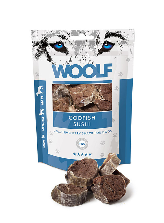 Monoprotein snack for dogs, Codfish Sushi.

These Codfish Sushi Snacks are made of 100% protein sources to provide the highest quality and the best nutritional intake. The Woolf snack, once cooked, is packed without any chemical additives, preservatives or colourings. To ensure the conservation, an oxygen absorber is placed within the bag. The pack is fitted with a zip.

Suitable for all sizes of dog.

Contents: 100g