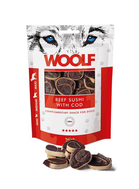 The Woolf Snacks are specially designed for dogs of all sizes. These Beef Sushi with Cod Snacks are made of 100%  protein sources to provide the highest quality and the best nutritional intake. The Woolf Snacks, once cooked, are packed without any chemical additives, preservatives or colourings. To ensure the conservation, an oxygen absorber is placed within the bag. The pack is fitted with a zip.

Contents: 100g