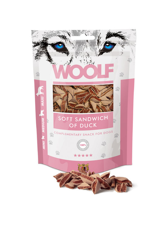 These Soft Sandwich of Duck Snacks are made of 100% protein sources to provide the highest quality and the best nutritional intake. The Woolf snack, once cooked, is packed without any chemical additives, preservatives or colourings. To ensure the conservation, an oxygen absorber is placed within the bag. The pack is fitted with a zip.

Suitable for all sizes of dog.

Contents: 100g