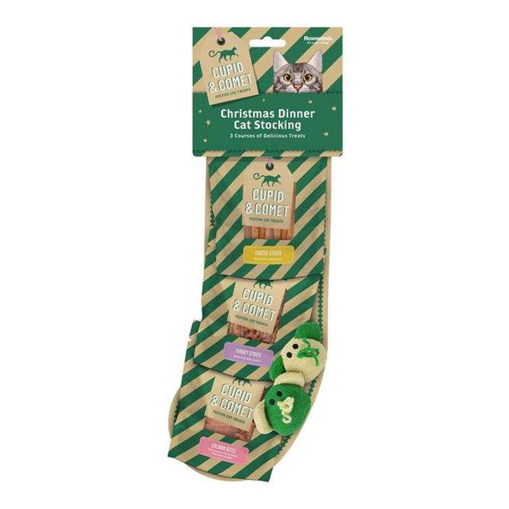 This Christmas Dinner Stocking for dogs features 3 course of delicious treats and 2 exciting toys. Including 1 x 40g pack of Salmon bites for starters, 1 x 40g pack of salmon strips for main course and 1 x 40g pack of cheese sticks for dessert; as well two catnip mice