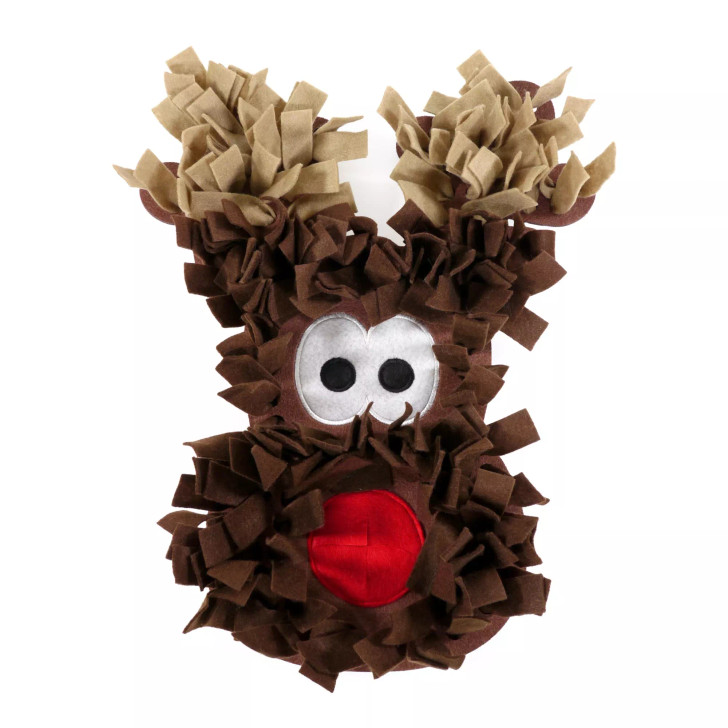 Pets of all types love to forage or hunt for treats. This durable, 38cm long christmas Reindeer Mat is made from soft, felt fabric threaded through a thicker felt base. Play hide and seek with your pet's favourite dry food or treats. You can even hide treats in his nose! Handwash only in mild detergent, rinse thoroughly and air dry. Ideal for most dogs, rabbits, rodents, ferrets and even cats (ideally with a bit of catnip added!). Important: made with pet-safe fabric, but always supervise your pet and remove the mat if they attempt to chew or eat it. Do not use on light coloured furnishings, especially if damp.