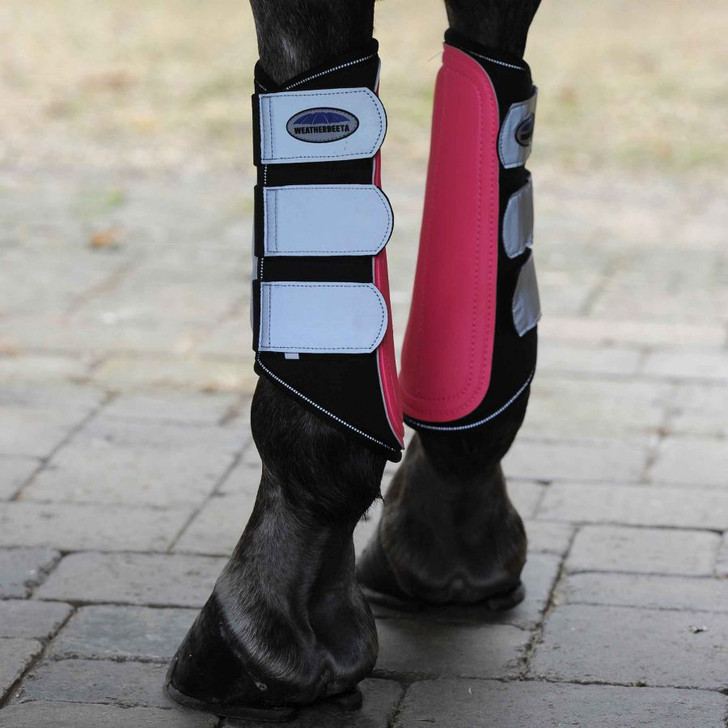 Be safe, be seen with the WeatherBeeta Reflective Single Lock Brushing Boots. These horse boots are soft, durable and breathable. Made from neoprene, these boots conform to your horse's leg for added comfort, whilst the tough PVC strike pad provides extra protection against knocks and brushing as well as being in a bright hi viz colour. The reflective, adjustable and elasticated touch tape closures are quick and easy to use and ensure the boot remains secure. Additional reflective detail with reflective stitching around the outer edge of the boots. Two reflective touch tape closures on pony and cob sizes, three reflective touch tape closures on full size. Matching range available.