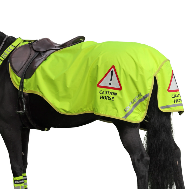 Ideal for cold weather exercising, the EQUI-FLECTOR® waterproof exercise sheet helps keep the horse visible even from a distance whilst offering practical weather protection and lined with warm fleece. The continental pattern makes the exercise sheet easy to fit around the saddle or over the riders legs. Featuring a large warning print at the side and the back, reflective strips, tail flap, girth guides, touch close fastening and fillet string. Technical info: ShireTex® 600 denier, waterproof and breathable outer with taped seams. Machine washable with non-detergent soap. Part of the EQUI-FLECTOR® range of bright, reflective garments for horse and rider.