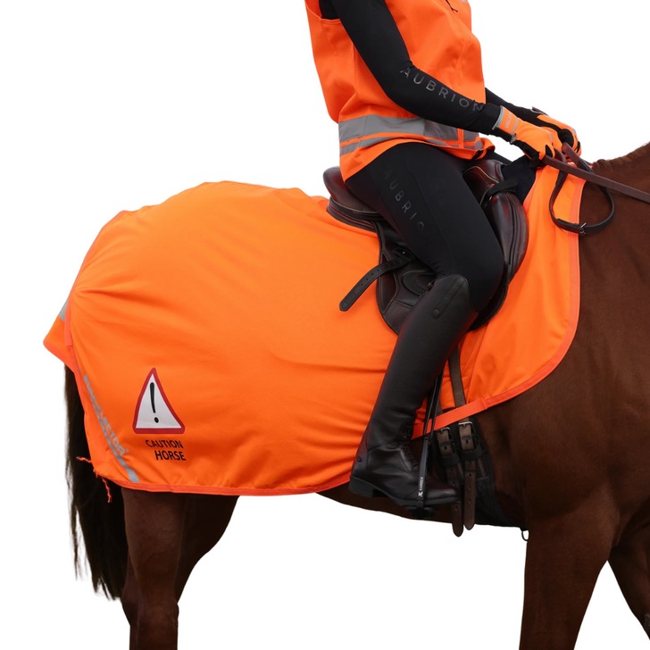 This lightweight, breathable EQUI-FLECTOR® exercise sheet keeps horse and rider visible in low light or when road riding. The bright colour together with a large warning print at the side and rear, and reflective strips either side all help to alert the horse's presence from distance. The continental pattern makes the exercise sheet easy to fit around the saddle or over the riders legs. Secured with a touch close fastening at the wither and via girth guides, retaining straps and fillet string. Part of the EQUI-FLECTOR® range of bright, reflective garments for horse and rider.