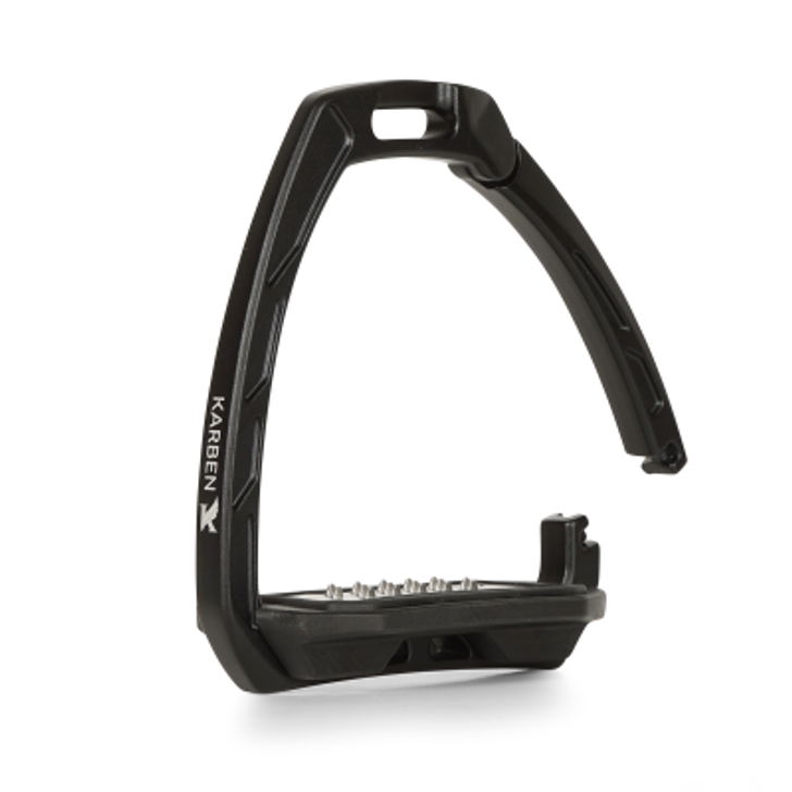 From training to competition, increase efficiency, boost power and feel confident with the Karben UltraGrip stirrups. A reassuring quick release safety system assists with escape of the foot via the spring loaded arm, reducing the risk of serious injury in the event of a lateral fall. The arm is secure until pressure from a fall forces it open, the arm re-engages with a single click that keeps it secure whilst in normal use. The stirrup is designed in ultra-light aluminium, cast for strength with sleek lines and powder coated in matt black for low maintenance. The foot plate is deep with a dual grip system, rubberised polymer surrounds the Ultra Grip tread to offer maximum traction wet or dry, making the stirrups ideal for fastwork. Secure and stabilising, the weighted base is shock absorbing to keep legs energised. The angled eyelet offers a more naturally optimised hip, knee and foot alignment and assists with retrieval. Stirrup weight per pair: 900g (450g per stirrup).