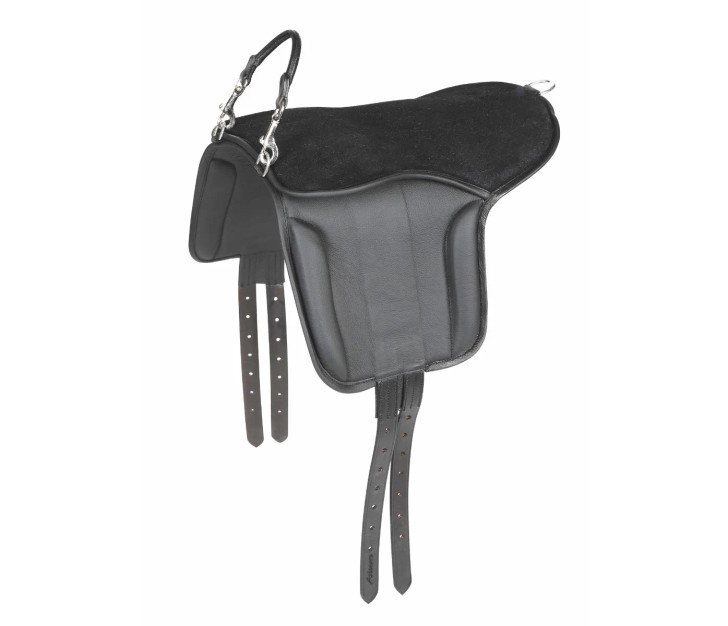 A great little starter saddle for children, the Velociti GARA leather pony pad is hardwearing and comfortable. The padded suede saddle seat and comfy knee rolls offer stability to new riders. The rolled leather balance strap can be added or removed quickly with the clip attachments. Rear D-ring allows attachment of a crupper. Stainless steel stirrup bars and D-rings. 15.5" seat.