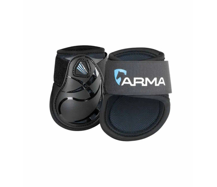 ARMA Carbon open fronted fetlock boots are shock absorbing and offer next level protection in the most vulnerable areas whilst still allowing the horse to feel their way. TRIPLE IMPACT SUPPORT SYSTEM: Strong TPU outer, resistant to abrasion and dirt. Honeycomb foam centre absorbs impacts. Breathable COOLMAX® lining is engineered to keep hardworking legs cool and dry. MAX VENTILATION: Strategically placed mesh vents increase airflow around the tendons, reducing heat build up and maximising ventilation. FLEX FIT: The ergonomically shaped TPU shell defends against impact yet the flexible structure moves with the horse to facilitate peak athleticism. Double lock touch close fastenings for a quick, secure fit.