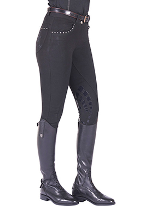 The Glitz breech are a real must have for any level of rider the technical fabrics increase comfort and flexibility when in the saddle as well as the silicone gel knee for security the elasticated ankle cuff reduces bulk under the boot for a sleek fit The deeper waistband is for a comfortable fit when riding or during general yard duties