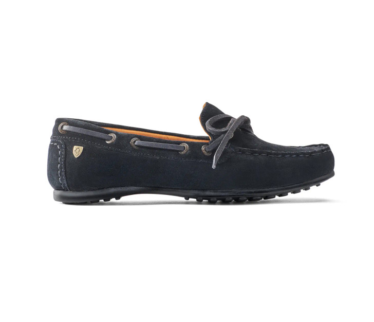 Elegant Sofia moccasin shoes look chic in Italian suede and with classic soles. Italian suede leather. Full leather linings. Suede lace detail. Leather comfort insoles. Suede heel grips. Rubber pimple grip soles. Moretta gold colour stud badge.