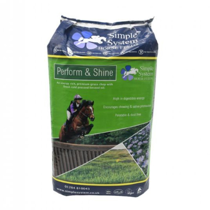 Premium grass chop with cold pressed linseed oil.

High in digestible energy
Encourages chewing & saliva production
Palatable & dust free
Suitable For

Fuelling medium to hard work
Improving shape & condition
Competition horses
Fussy eaters
Poor doers
Due to the naturally occurring sugars in the grasses, we would not recommend Perform & Shine for horses and ponies prone to laminitis. Our Timothy Chop will be more suitable.