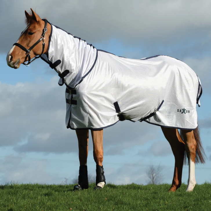 The Saxon Mesh Combo Neck offers a fine weave mesh outer for insect protection while keeping your horse cool during the summer months. Featuring twin surcingle front closure, twin low cross surcingles, standard tail flap & tail cord. 96% UV block.

Features:
Fine weave mesh outer for insect protection while keeping your horse cool during the summer months
Twin surcingle front closure
Twin low cross surcingles
Double touch tape closures on the neck for added security
Tail flap and tail cord
96% UV block